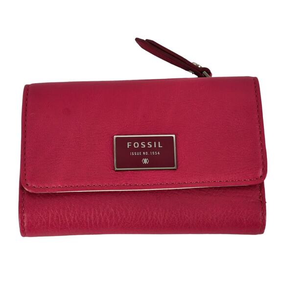 FOSSIL Women's Trifold Wallet - Vibrant Pink with Metal Plate - Picture 1 of 12